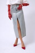 Varak Baskılı Yırtmaçlı Maxi Denim Etek resmi